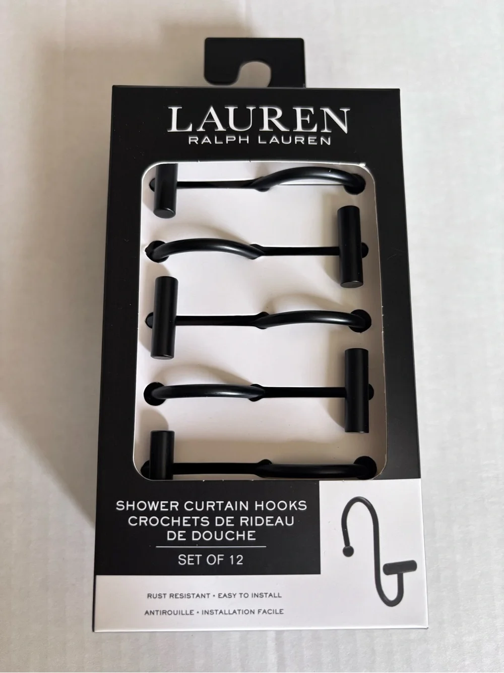 Lauren Ralph Lauren T-Bar Shower Curtain Hooks Matte Black Set of 12 New NIB